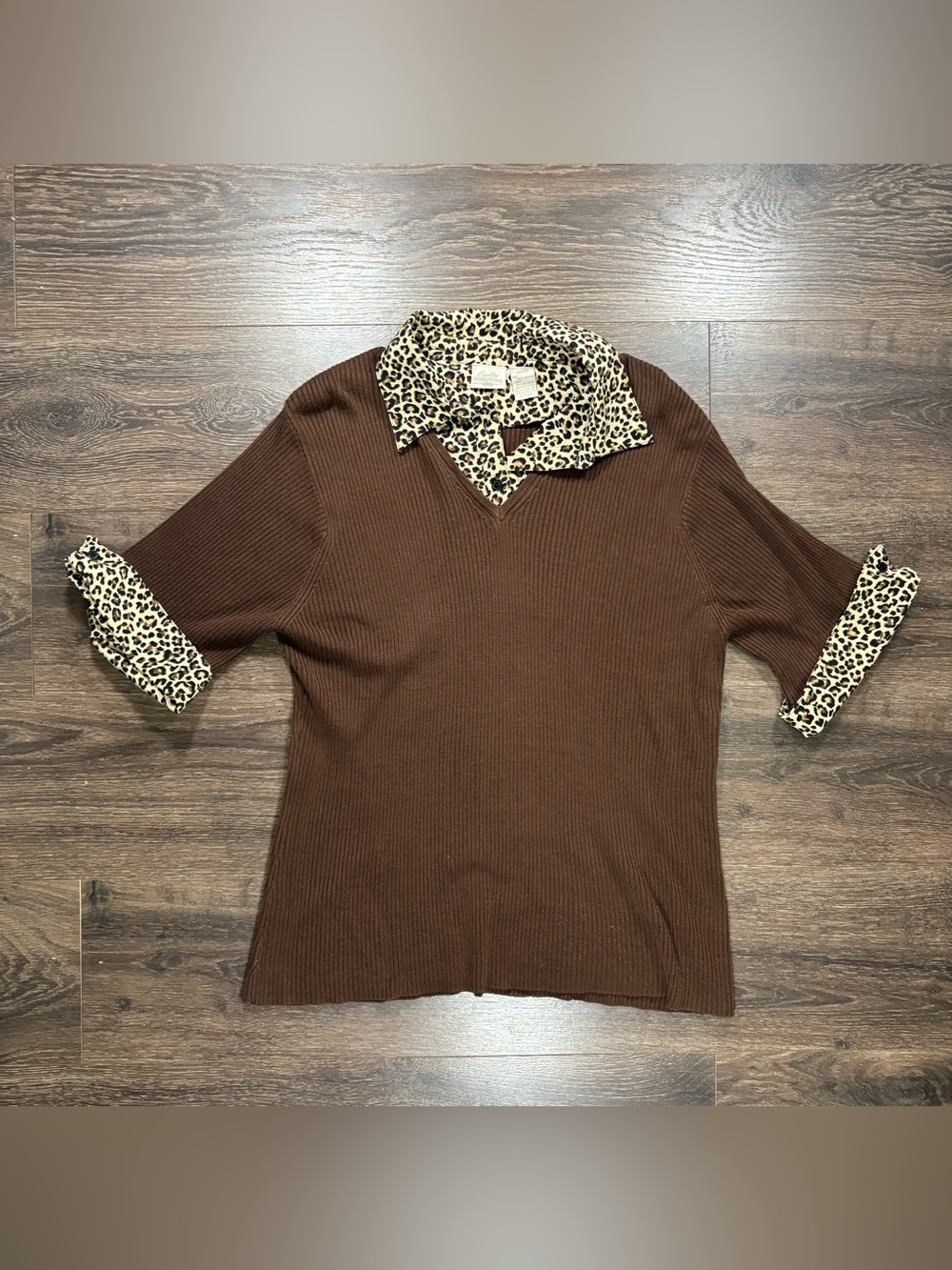 Vintage Brown Ribbed SweaterTop with Leopard Collar Size 18/20 XL